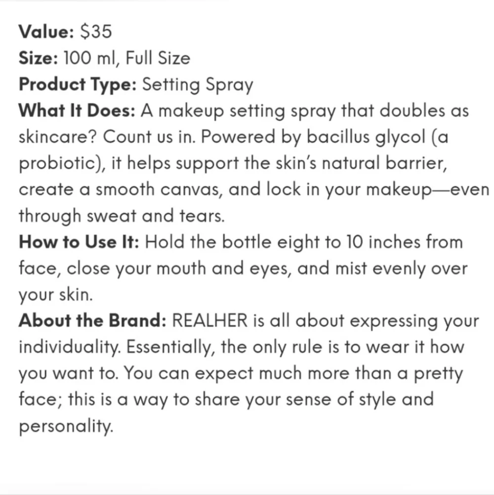 NIB REALHER Hold on to Your Dream Prebiotic Setting Spray Sealed